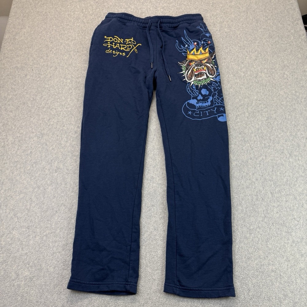 Ed Hardy Men's Medium Navy Bulldog Crown Skull Graphic Sweatpants Y2K